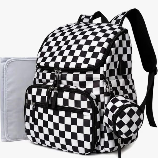 Checkered Diaper Bag Backpack with Changing Pad & Stroller Clips