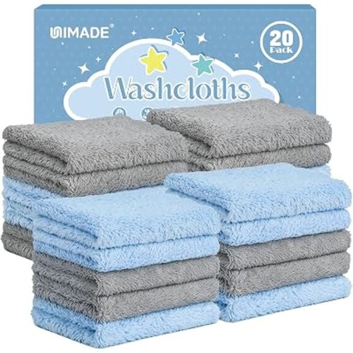 UNIMADE Baby Washcloths, 20 Pack Microfiber Coral Fleece Wash Cloths, Extra Absorbent Baby Towels for Newborns, Infants and Toddlers, Gentle on Sensitive Skin for Face and Body - 7" × 9", Blue&Grey