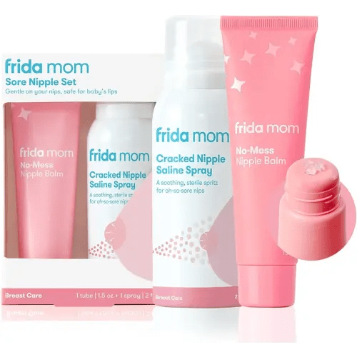 Frida Mom Nipple Cream and Saline Spray Set, Breastfeeding Essentials for New Moms, Cracked Nipple Saline Spray and No-Mess Cream, 2pc Set