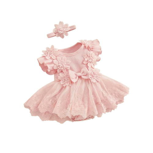 Arvbitana Baby Girls Sweet Romper Dress Sleeveless Flower Mesh Lace Patchwork Ruffle Bodysuit with Headband 3M 6M 12M 18M Newborn Infant Cute Summer A-line Princess Dress