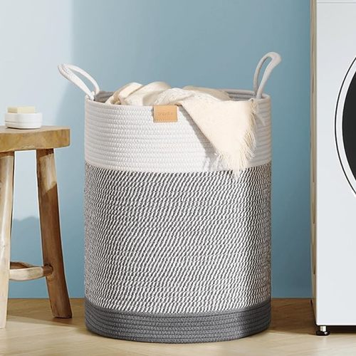62L Laundry Hamper Basket,Baby Nursery Woven Storage Basket for Toys Bin,Pillows,Blankets,Clothes,Grey&White