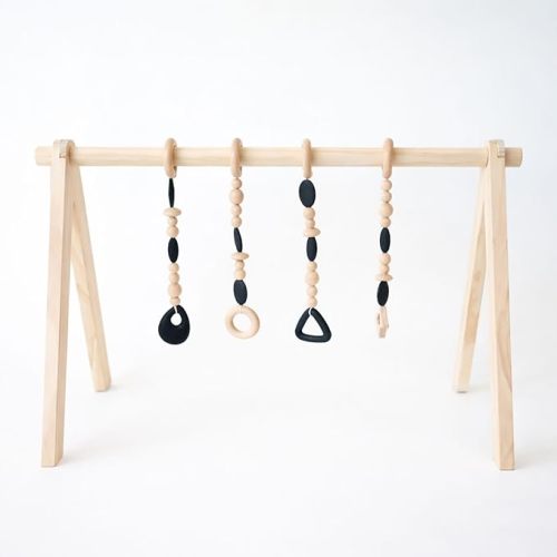 Poppyseed Play Wooden Baby Play Gym, Montessori Activity Center for Infants | Natural Wood Frame with 4 Hanging Toys | Baby Gym for Floor Play | Tummy Time & Early Development | 0–12 Months