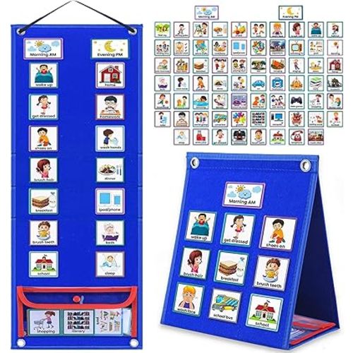 Visual Schedule for Kids with Autism Chore Chart for Kids Daily Routine Chart Autism Learning Materials Toddler Planning Board Visual Schedule Pocket Chart for Classroom, Home with 70 Cards (Blue)
