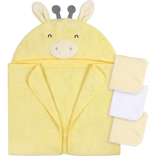 Gerber Baby 4 Piece Animal Character Hooded Towel and Washcloth Set, Yellow Giraffe, One Size
