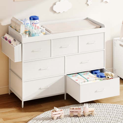 ANPOO Changing Table Dresser with Storage, Baby Dresser with Changing Table Top, Waterproof Diaper Changing Station with 7 Fabric Drawers for Nursery Modern, White