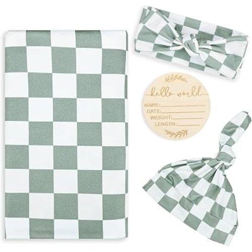 TANOFAR 4-Pack Newborn Swaddle Blanket for Baby Girls & Boys, Ultra Soft Receiving Blankets with Matching Headband and Beanie Set Baby Nursery Swaddle Wrap, Grey Green Checkerboard