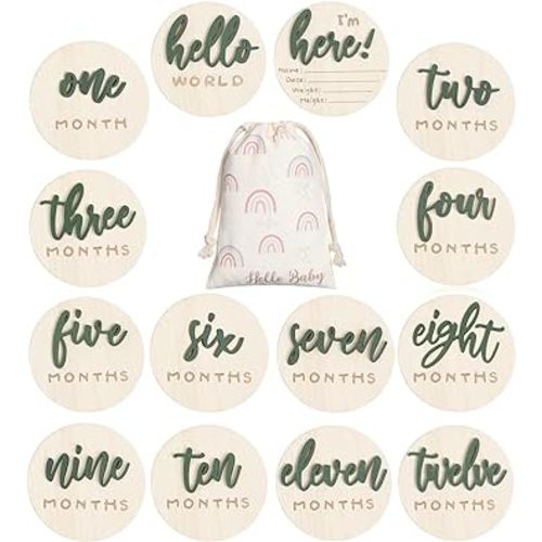 3D Baby Milestone Wooden Circles Hello World Newborn Sign 7 Pack Double Sided Monthly Milestone Cards Sign Baby Announcement Sign for Newborn Shower Photo Props(Green)