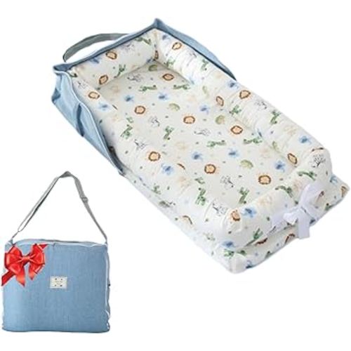 Baby Lounger Play Mat with Strap,Baby Lounger for Newborn Portable,Baby Nest Play Gym Mat Adjustable Size & Inner Zipper Lengthen Space to 24 Months(Animal World Blue)