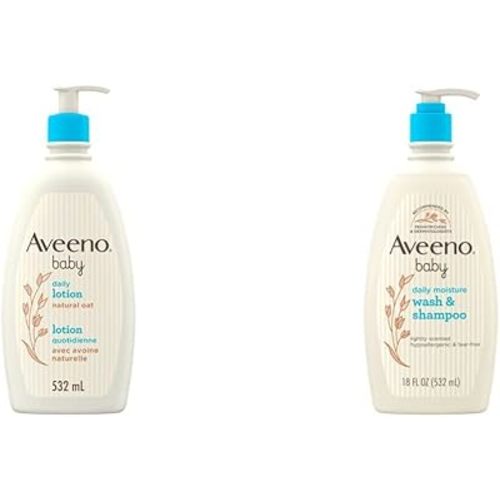 Aveeno Baby Lotion, Daily Moisturizing Cream for Sensitive Skin, Fragrance Free, Paraben Free, 532ML & Baby Body Wash and Shampoo, Paraben Free, Tear Free and Soap Free, Gentle Cleansing, 532mL