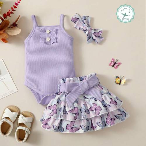 Fashionable 4pcs Baby Girl Set With Headband, Ruffle Strap Bodysuit, Butterfly Printed Layered Skirt, And Bloomers | SHEIN USA