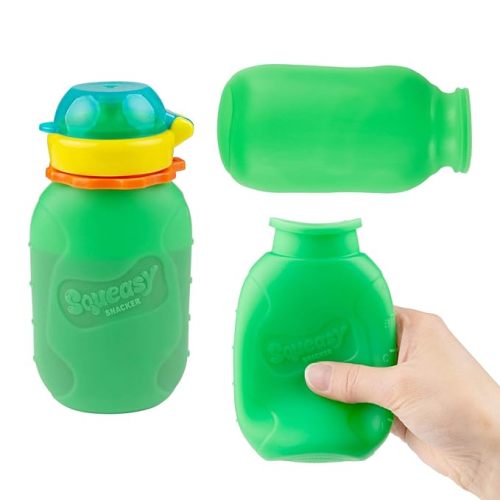 Green 6 oz Squeasy Snacker Spill Proof Silicone Reusable Food Pouch - for Both Soft Foods and Liquids - Water, Apple Sauce, Yogurt, Smoothies, Baby Food - Dishwasher Safe
