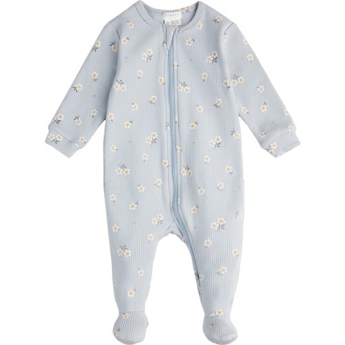 Baby Daisy Print Rib Organic Cotton One-Piece Footie Pajamas, 6-9M, Blue Light