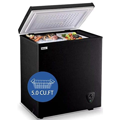 5.0 Cubic Feet Deep Chest Freezer Compact Freezers with Adjustable Thermostat Top Open Door Freezer Compressor Cooling with Rmovable Storage Basket for Home Kitchen Office and Bar (Black)