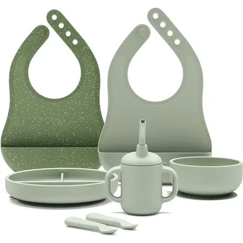 Lalo First Bites Silicone Baby Feeding Set - Baby Led Weaning Supplies - Non-Toxic Silicone - Includes 2 Bibs, 2 Spoons, Training Cup, Suction Plate and Bowl - 6 Pieces - Sage