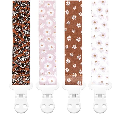 Baby Pacifier Clip Holder - Girl 4 Pack Gift Set – Boho Modern Neutral Flowers Floral (Daisy)