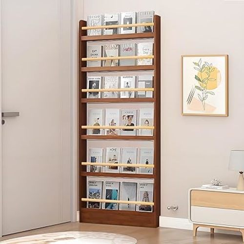 Wooden 3/4/5/6 Tier Behind The Door Bookshelf, Tall Narrow Floor Standing Bookcase, Space-Saving Storage Organizer for Books, Bedroom, Living Room, Office Brown 19.7x3.9x70.2