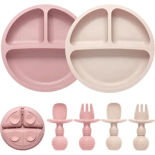 Silicone Feeding Set, 2 Pack Divided Toddler Plates with Suction, 2 Pack Utensils - Spoons & Forks, BPA Free, Baby Led Weaning Supplies