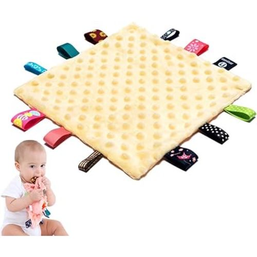 Baby Tags Security Blankets - Baby Soothing Plush Blanket with Colorful Tags, 10"x10" Square Sensory Toys, Lovey for 3 Months+ Babies Boys and Girls (Yellow)