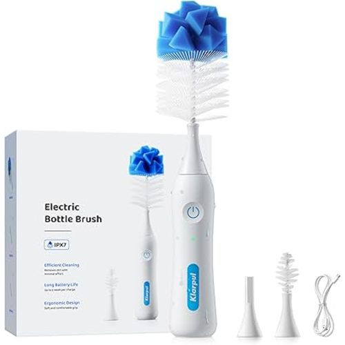 Electric Bottle Brush Cleaner, IPX7 Waterproof Baby Bottle Cleaner Kit with Replaceable Nipple Brush & Extender Rod, 2 Speed Modes, 360° Auto Cleaning, 2000mAh Battery, Rechargeable, Blue