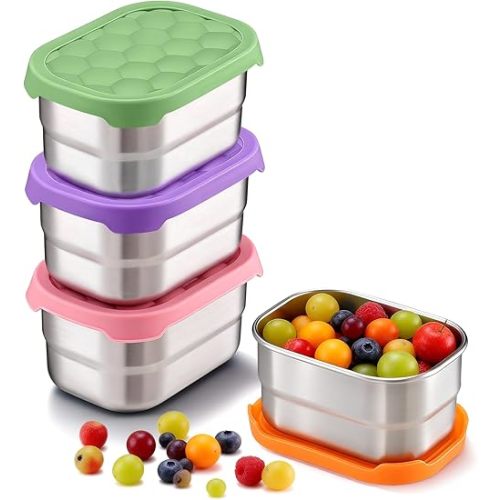 TeamFar 4 Pack Stainless Steel Snack Containers for Kids, 8oz Small Baby Food Container with Silicone Lid, Kids Bento Lunch Box for School/Daycare, Easy Open & Leak Proof, Green/Orange/Pink/Purple