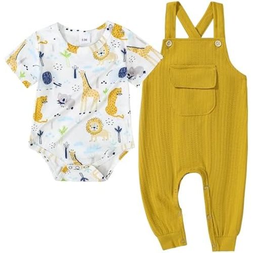 CARETOO Newborn Baby Boy Clothes Infant Boy Romper Fall Winter Outfits Bodysuit 2Pcs Striped Long Sleeve Top Overalls 0-18M