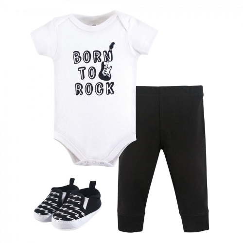 Little Treasure Baby Boy Cotton Bodysuit, Pant and Shoe 3pc Set, Born To Rock, 9-12 Months