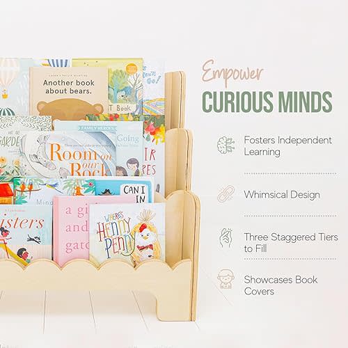 Toddler Bookshelf with Scalloped Shelves to Show Covers of Books - 3-Tier Montessori Kids Bookcase for Nursery