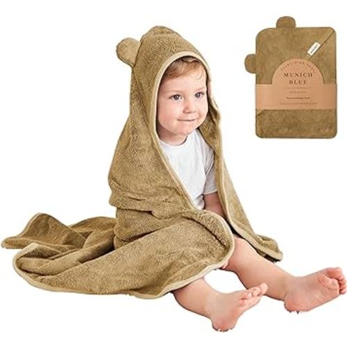 Munich Blue Toddler Bath Towel for Boys & Girls - Soft Baby Bath Towels with Cute Bear Ears - Cozy Baby & Toddler Towels, 600 GSM, 35x35 inch (Brown Sugar)