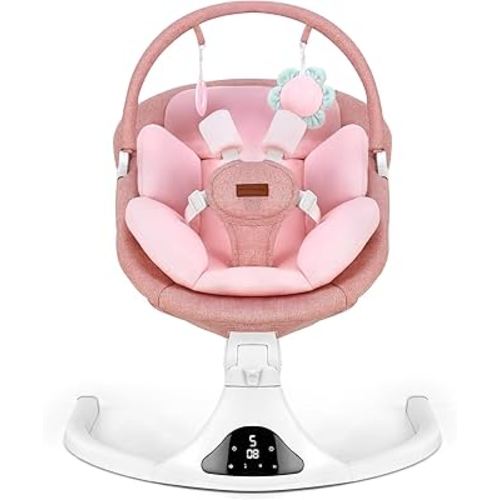 Baby Swing, Infant Swing with Remote Control, 5 Speed Adjustable, Machine Washable Seat Pad, 5 Point Safety Harness, Bluetooth Music, Electric Swing for Babies, Indoor Outdoor Use (Pink)
