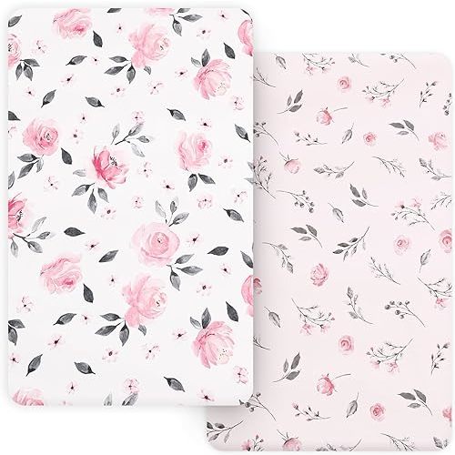 PHF Soft Mini Crib Sheet Set, 2 Pack Silky Comfy Pack N Play Sheets for Girls, Universal Fit for Pack N Play, Playard and Mini Crib Mattresses, Pink Floral
