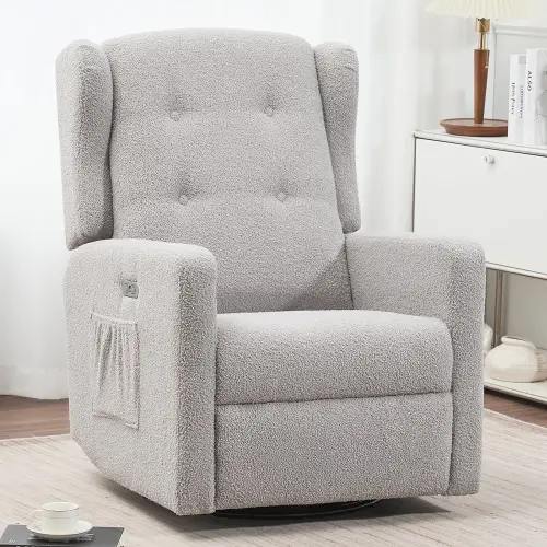 Power Swivel Rocking Recliner Chair, Electric Rocker Nursery Glider Chair, USB and Type-C Ports, Upholstered Teddy Fabric Reclining Single Sofa Chair for Living Room (Teddy Grey)