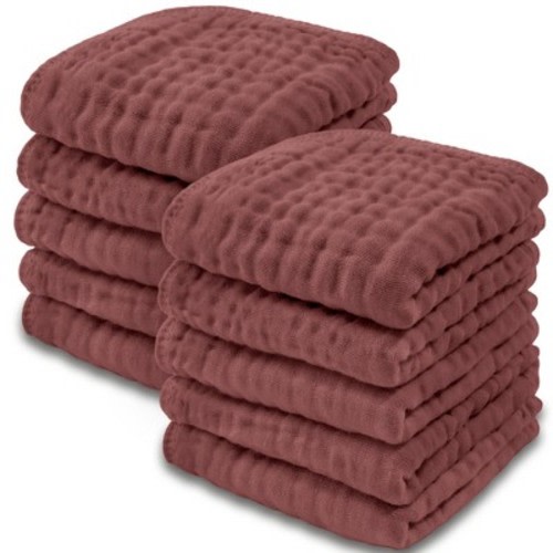 Baby Washcloths Muslin Cotton, Large 10”x10” by Comfy Cubs, Color: Wine, Size: pack of 10