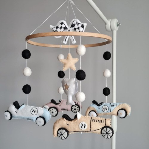 Racing cars baby mobile, Retro car nursery decor, Baby boy shower gift, Felt hanging mobile handmade