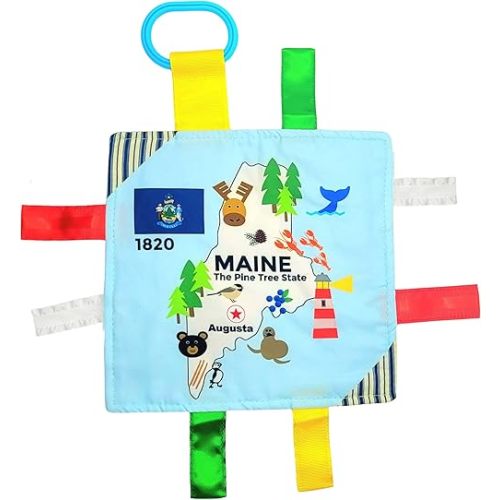 Baby Jack & Co 8x8' Learning Lovey Tag Toys for Babies - Crinkle Toys with Soft, Safe USA State Facts Education - Ideal Gift BPA Free with Stroller Clip (Maine 8x8)