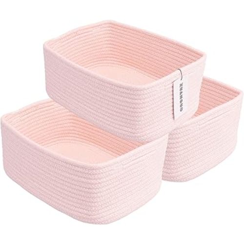 Small Woven Storage Baskets 13“X9”X5“ Decorative Rope Bins for Organizing Shelves, Closets, and Toys, Empty Gift Baskets, Cute Organizer Basket for Home and Office (pink, Large)