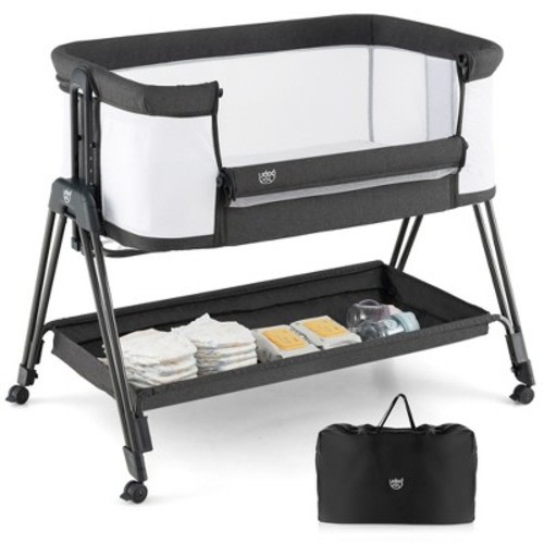 Babyjoy Baby Bedside Sleeper Bassinet with Wheels & Storage Tray Folding Adjustable Crib, Color: Grey/white