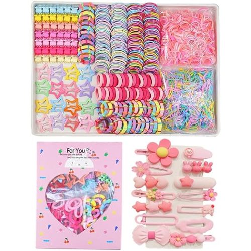 889 pcs Elastic Hair Ties for Girls Hair Accessories Ponytail Holders Colorful Rubber Bands Set with 14 pcs Cute Hair Clip