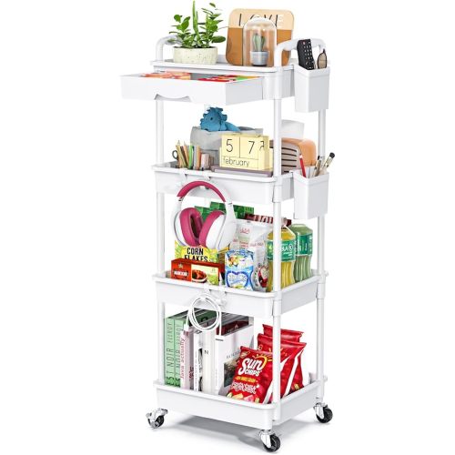 4 Tier Rolling Utility Cart with Drawer, Utility Storage Organizer with Plastic Shelf & Lockable Wheels Multifunctional Storage Cart for Kitchen, Bathroom, Office, Living Room, White