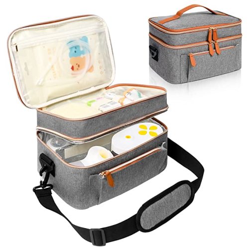 Tesuko Double-Layer Breast Pump Bag for Elvie, Willow Pumps and Medela Pump in Style, Pumping Bag with 2 Removable Dividers to Store Breast Pump, Baby Bottles and Pump Parts (Grey)