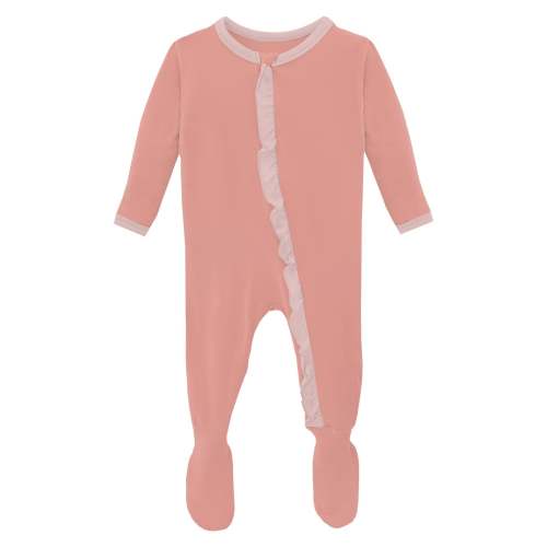 Layette Ruffle Footie with 2 Way Zipper in Blush with Baby Rose