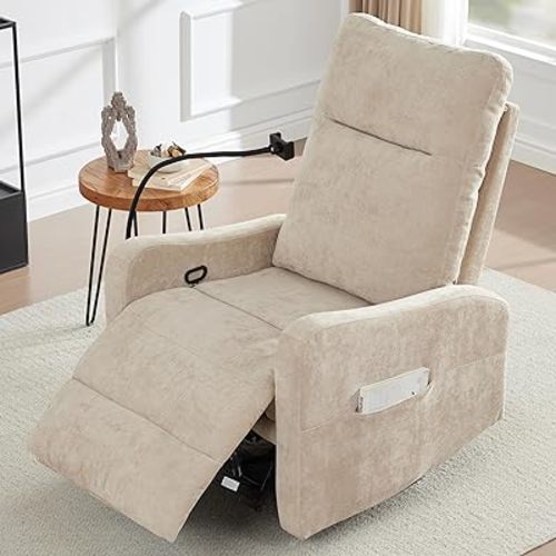 Oversized Fabric Recliner Chair with Phone Holder, Swivel Rocking Chair Reclining, Ergonomic Lazy Boy Recliner Chair with Lumbar Support, Manual Glider Sofa Chair for Living Room, RV, Beige