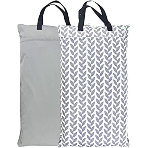 Reusable Hanging Wet Dry Cloth Diaper Bag (2 Pack, Grey Leaf, Grey)