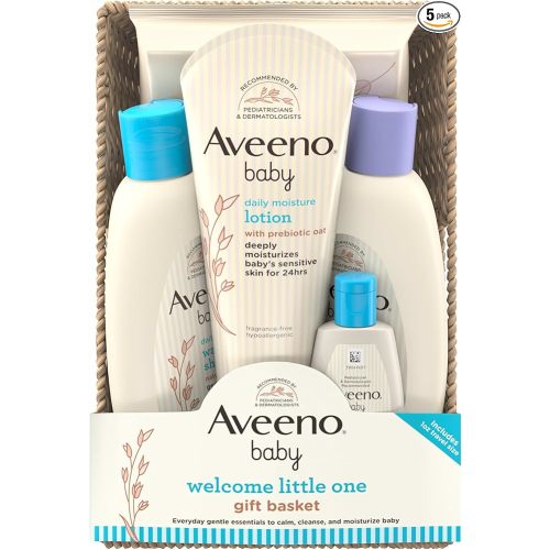 Aveeno Baby Welcome Little One Gift Basket, Baby Skincare Set with Nourishing Baby Body Wash & Shampoo, Calming Bath Wash, All Over Baby Wipes, & Daily Moisturizing Lotion, 5 Items