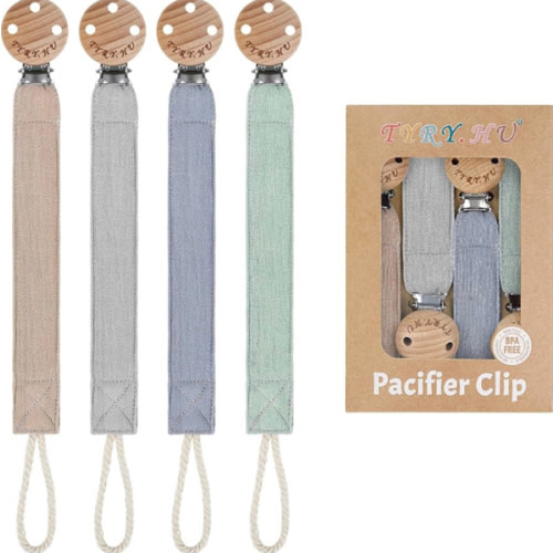 TYRY.HU Ribbon Pacifier Clip Holder,4 Pack Binky Paci Holder Clips, Pacifier Leash for Boys and Girls, Soft Webbing Strap Universal Fits for Most Pacifier, Styles & Teethers(Khaki,Grey,Blue,Green)