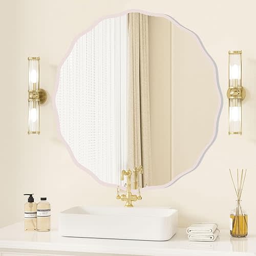 White Wavy Round Mirror for Wall Decorative 28" Modern Wavy Circle Mirror Nursery Mirror for Bathroom Bedroom Living Room Home House Office Entryway