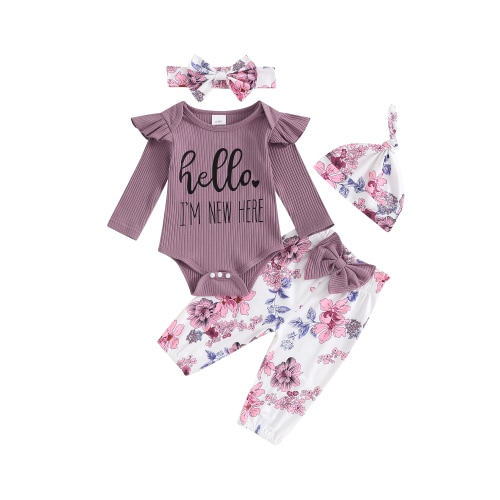 Newborn Baby Girl Clothes Hello I'm New Here Letter Romper+Floral Pants+Hat+Headband+Coming Home Outfits