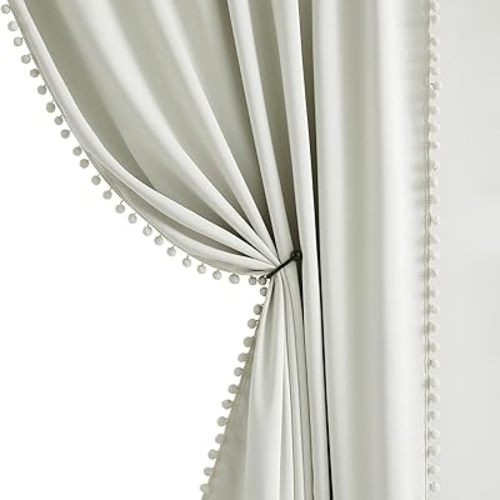 Full Blackout Curtains for Bedroom Natural Ivory Pom-Pom Thermal Insulated Window Drapes 63inch Length Curtain Panels for Kids Guest Room Hotel 52" Wx 2pcs Beige Rod Pocket
