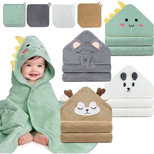 14PCS Baby Bath Towels Set, Includes 4 Hooded Towels (31.5”x31.5”) & 10 Washcloths, Ultra Soft & Absorbent Coral Fleece, for Newborn to Toddler, Essential
