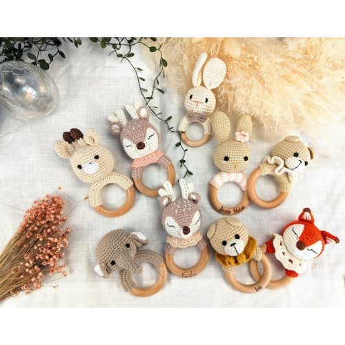 Crochet Baby Rattle With Grip Ring Made of Beech Wood - Etsy