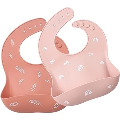 ROCCED Baby Silicone Bibs 2 Sets Baby Bibs with Food Catcher for Girls Boys Toddlers BPA Free Waterproof Soft Durable Adjustable Silicone Bibs for Babies-Soft Pink/Pale Mauve